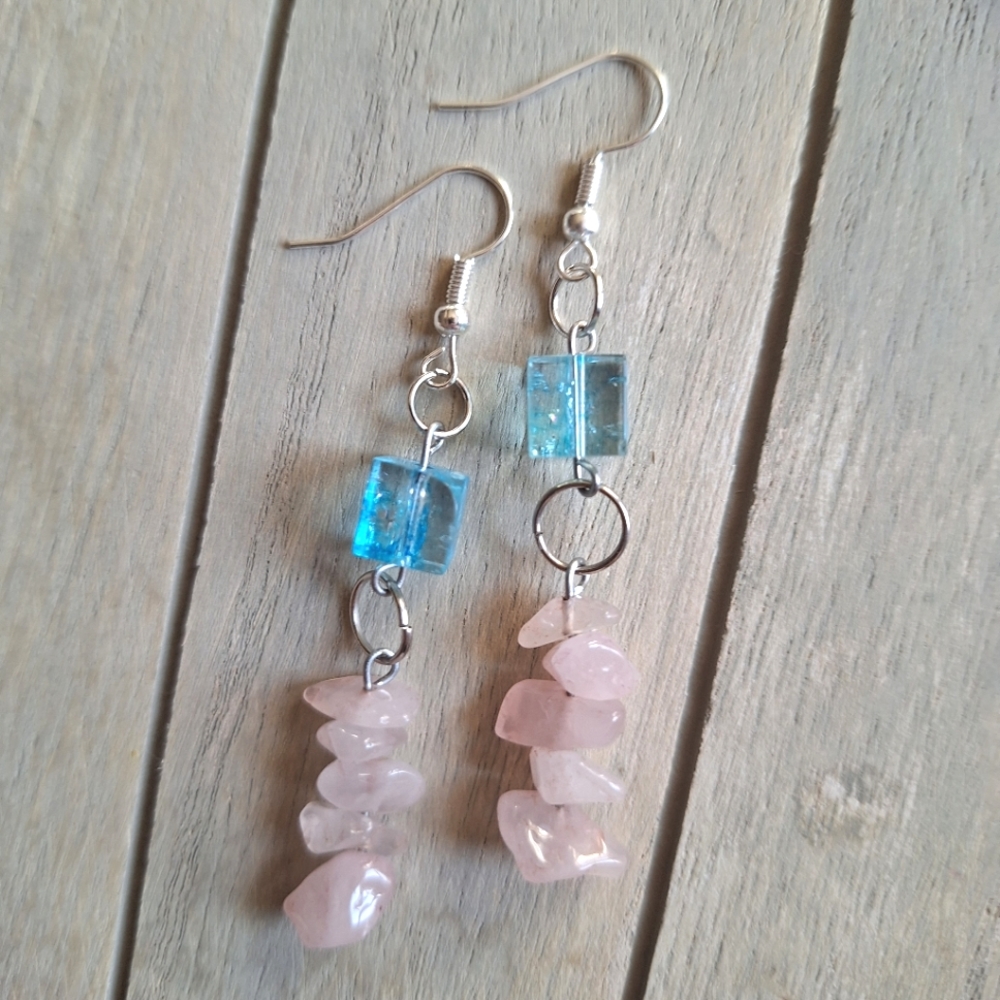 Rose Quartz Pink and Blue Silver Dangle Earrings Pastel Soft Boho Artsy Gifts